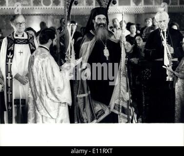 Nov. 05, 1979 - Enthronement Of The Greek Orthodox Archbishop Of Great Britain-Dr Methodios Fouyas; Dr Methodios Fouyas being enthroned as Archbishop of Thyateira and Great, London, during a service yesterday attended by the Rt Rev Robert Runcie (left), Archbishop of Canterbury designate and Cardinal Hume, Roman Catholic Archbishop of Westminster. Dr Fouyas becomes the new head of the Greek Orthodox Church in Britain in succession to Archbishop Athenagoras, who died two months ago. Stock Photo