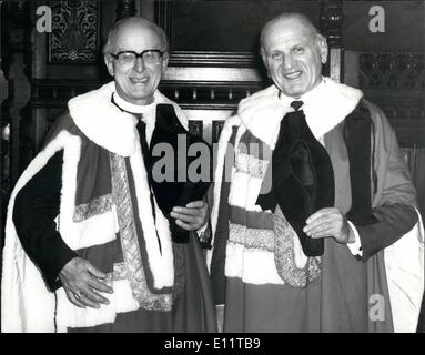 Mar. 03, 1980 - LORD COGGAN AND LORD SIEFF INTRODUCED TO THE HOUSE OF LORDS: The retiring Archbishop of Canterbury, Dr. Donald Coggan, now Lord Coggan of Canterbury and Sissinghurst, and Sir Marcus Joseph Sieff, Chairman of Marks and Spencer Ltd, now Lord Sieff of Brimpton O.B.E. were introduced to the House of Lords today. Photo Shows: Lord Coggan, left, and Lord Seiff seen in their robes at the House of Lords today. Stock Photo