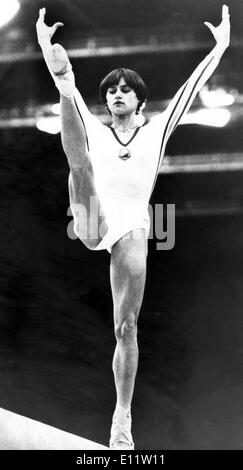 Gymnast Nadia Comaneci competes in Olympic Games Stock Photo