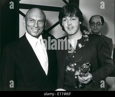 May 05, 1980 - Yul Brynner presents Ivor Novello Awards: The presentation of the Ivor Novello Award took place at teh Grevenor House in London today. Photo shows Yul Brynner with Paul McCartney after he had presented him with an Ivor Novello award. Stock Photo