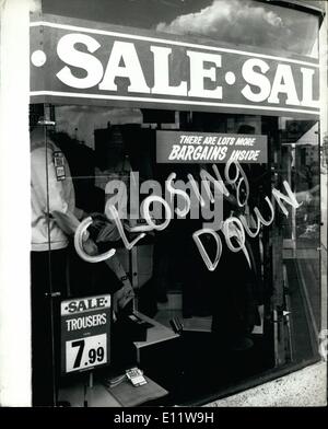 Aug. 08, 1980 - Many Small shops closing owning to the State of the Economy.: Many small business in Britain like this clothes shop in the West End of London, are having to close down as money is so short people are not buying suits like the used to. Stock Photo
