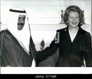 Sep. 09, 1980 - PRIME MINISTER OF BAHRAIN VISITS DOWNING STREET: The Prime Minister of Bahrain, His Excellency Shaikh Khalifa bin Sulman Al Khalifa, today paid a visit to No 10 Downing Street to meet Mrs Margaret Thatcher. Shaikh Khalifa, accompanied by three of his Ministers, is paying an official visit to the United Kingdom from 15 to 17 September. Photo shows: Shaikh Khalifa is greeted by Mrs Margaret Thatcher upon his arrival at Downing Street. Stock Photo