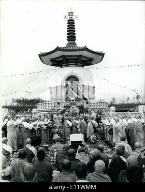 Sep. 09, 1980 - Inauguration of Peace Pagoda at Milton Keynes Monks of the Japan Buddha Sangha, took part in the inauguration yesterday of the peace pagoda which they have built in two years on a hillside overlooking a lake at Milton Keynes, Bucks. The half spherical dome with octagonal roof and decorative spire stands more than 50 ft high, its roof tiles being copies of the classic tiles, used for the Daian ji temple in Nara, Japan. Photo Shows: A general view of the Pagoda built on a hillside at Milton Keynes, bucks. Stock Photo