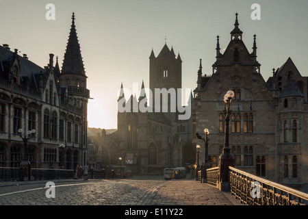 Ghent skyline in the morning, from St Michael's bridge, Belgium. Stock Photo