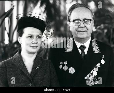 Dec. 12, 1980 - New Russian Ambassador presents his credentials: The new Russian Ambassadors to London, Monsieur Victor I Popov, presented his credentials to the Queen at Buckingham Palace today. Photo shows H.E. Victory I Popov pictured with his wife before he left for Buckingham Place to present his credentials to the Queen. Stock Photo