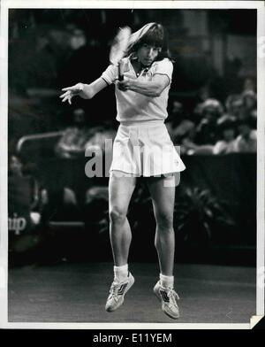 Mar. 28, 1981 - March 28th, 1981, Madison Square Garden, New York City. Martina Navratilova won the Avon Tennis Championship held at Madison Square Garden in New York City today against Andrea Jaeger in the final match. OPS: Navratilova in the air to return a ball during the final match. Stock Photo