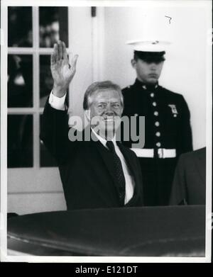 Oct. 10, 1981 - Washington, D.C. Former President Jimmy Carter waves to reporters as he leaves the White House after meeting with President Reagan for more than thirty - five minutes today. Carter announced that he was supporting Reagan's AWACS plane sale to Saudi a Arabia, contrary to the democratically controlled congress. Stock Photo