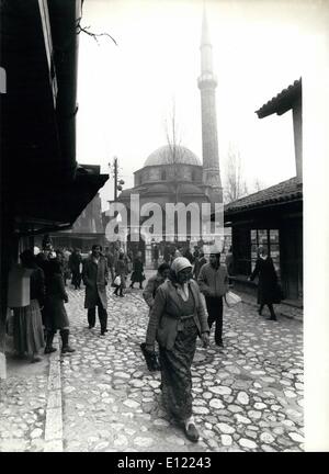 Jan. 01, 1983 - One Year Before Winter Olympics 1984 in Sarajevo: Winter Olympics for first time in Islamic formed town February Winter Olympics will take place in Sarajevo, Jugoslavia. For first time Winter Olympics are held in Islamic formed and influenced town. Photo shows. mosque downtown Sarajevo and typical Islamic formed street scene. Stock Photo