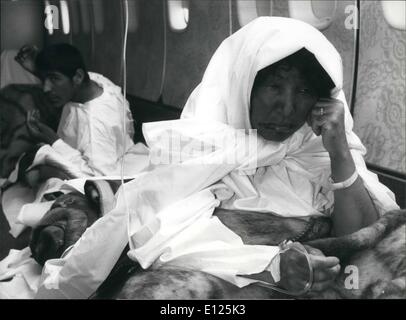 Mar. 03, 1988 - Poison gas victims to be treated in Switzerland: Victims of the poison gas attack by the irak airforce on iranian territory are waiting in the plane on Geneva airport, March 29, to be brought in Swiss hospitals for medical treatment. Stock Photo