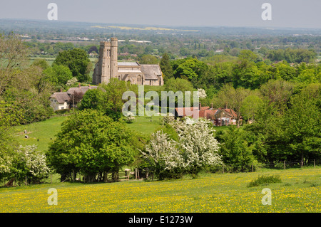 Bucks - Chiltern Hills - Ellesborough - view high on Beacon Hill over fields and hedgerows to parish church - spring sunlight Stock Photo