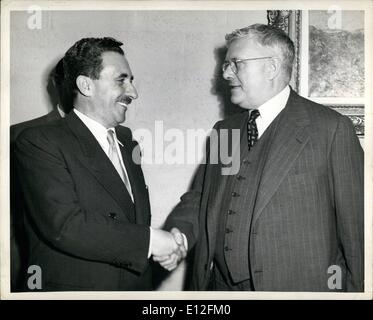 Jan. 09, 2012 - Israel becomes 59th member of United Nations. UN21923, Moshe Sharett, Israeli Foreign Minister, left, is congratulated by Assembly President Dr. Herbert V. Evatt, after the Assembly session at which the new State was admitted to the world organization. Flushing Meadow, New York. 11 May, 1949 Stock Photo