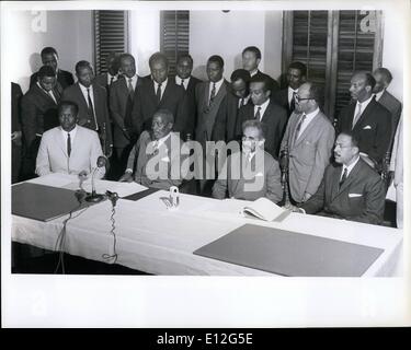 Jan. 09, 2012 - Emperor Haile Selassie of Ethiopia on state visit in Kenya: The Emperor with President Kenyatta of Kenya signing a border treaty at the State House in Mombasa, Kenya on June 9, 1970. Stock Photo