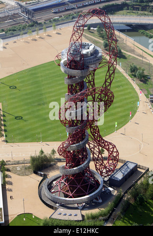 Aerial view of the ArcelorMittal Orbit in the Queen Elizabeth Olympic Park in Stratford, London, UK, Designed by Anish Kapoor Stock Photo