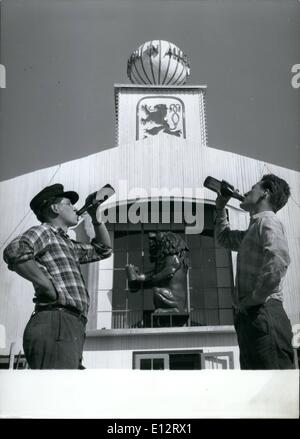 Feb. 25, 2012 - A private October Festival. arranged these two workmen who helped preparing the forth coming October Festival in Munich. It will begin Sept. 19th. The tents where people will drink beer are already erected and this is really the main importance. Keystone picture Sept. 3rd 1959. Stock Photo