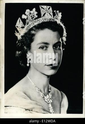 Feb. 26, 2012 - Command Portrait of Her Majesty Queen Elizabeth II. First since accession to the throne. First formal portrait of HM The Queen Elizabeth II - wearing a gown of ivory brocade woven with gold and turquoise thread and with turquoise velvet neckline. She is also wearing the sash and Star of the Order of the Garter, the necklace which was given her as a wedding present by the Nizam of Hyderabad, and a circlet of diamonds and pearls. The circlet which is arranged in a pattern of cross pattee and the shamrock, rose and thistle, has been worn by queens of England since Queen Victoria. Stock Photo