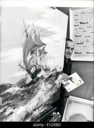 Feb. 26, 2012 - Painter of the Waves: Montague Dawson, whose sea paintings are wold famous and sell for thousands of pounds, peeps behind his latest saga painting depicting the United States Privateer ''Rattlesnake''. Besides ships of sail, he has painted the famous British Destroyer ''Kelly'', which has commanded by Lord Mountbatten and sunk off Crete in the last war. Stock Photo