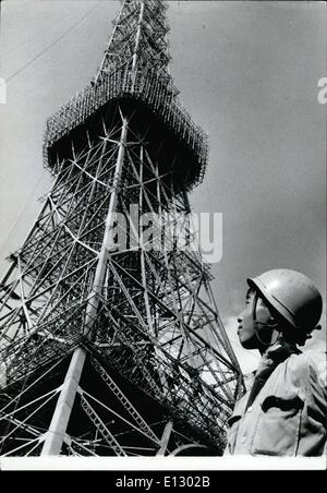 Feb. 25, 2012 - Tokyo's ''Eiffel Tower'' to open in December: Tokyo's ''Eiffel Tower'' is nearing completion, and will be officially opened in December by Crown Prince Akihito. The 1,082 foot tower, 40 feet higher than the famous Paris landmark will be Tokyo's fourth T.V transmission station. A huge series of TV studios, and a scientific museum is being built in the area beneath the tower inside the four supporting legs. Photo shows the nearly completed Tokyo's Tower showing the 1st and 2nd platforms. Stock Photo