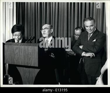 Feb. 26, 2012 - Foreign Miniser Ito at White House, Washington, D.C. 3/24/81. Japanese Foreign Minister Masayoshi Ito, with Secretary of State Alexander Haig (right) at his side, speaks to reporters at the White House today following a meeting with President Ronald Reagan and Vice President George Bush. The Foreign Minister said a decision will be made shortly on Japanese automobiles coming to this country. Stock Photo