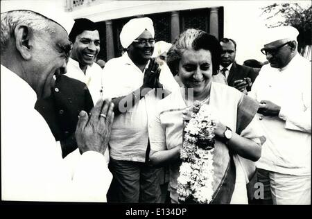 Feb. 26, 2012 - Prime Minister Mrs. Indira Gandhi with a garl and in hand moves around meeting her party members at the reception held in her honour of the congress party victory in state legislature elections held in India recently, She had addressed more than 250 public meetings all over India seeking mandate of the people even in states, so that she can implement her programme and policies to eradicate poverty in the country. Stock Photo