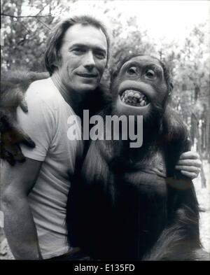 Feb. 28, 2012 - Clint's latest co-star is an orangutan. In a complete change of pace, American actor tough guy, Clint Eastwood, is appearing in a comedy film co-starring with an orangutan. In the picture called Every Which Way But Loose , Clint will appear as an easy going lorry driver whose best friend is the pet orangutan. Behind the scenes there was much debate about the calculated difficulties and dangerous results for Eastwood working with the creature. The 12 year old orangutan, weighing 165 lbs Stock Photo