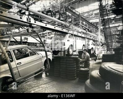 Feb. 28, 2012 - THE PRODUCTION OF THE POLSKI PLAT 126 P IN TYCHY The Polski Fiat 126 Prepresente an up-to-date solution of a popular small passenger car. Its small bodycork makes the Poleki Fist 126 p an ideal city car copuble of heuling also a to rist of escaping trailor of up to 300 kg weight. Recr-Engined and ari-cooled it is a two-door and four-couts car. The chaecis in presed of steel sheet and electrically molded to the bodywork forcing a body-chasia construction of consider blo strength. The bracking system consiste of two independednt hydramulic circuite. Stock Photo