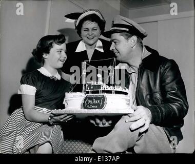 Feb. 29, 2012 - An 'Iced-breaker cake' Alana Ladd's birthday cake was model of the iceship ''Kista dan'': 'Sharing' her birthday with H.M. the Queen, was Alan Ladd's daughter Alana. To celebrate her 10th brithday, cooks at Pinewood,, where Alan Ladd is shooting interior scenes of ''Hell Below Zero'', prepared for her a wonderful iced birthday cake modelled on the ice-breaker 'Kista Dan, in which the Warwick Film Production Unit spent 2 months in the Antarctic on location. Mrs Stock Photo