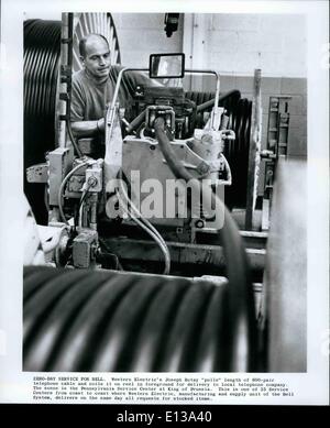 Feb. 29, 2012 - ZERO-DAY SERVICE FOR BELL. Western Electric's Joseph Rotay ''pulls. length of 600-pair telephone cable and coils it on reel in foreground for delivery to local telephone company. The scene is the Pennsylvania Service Center at King of Prussia. This is one of 35 Service Centers from coast to coast where Western Electric, manufacturing and supply unit of the Bell System, delivers on the same day all requests for stocked items. Stock Photo