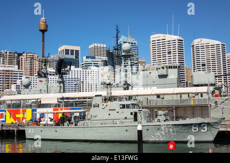 Sydney Australia,Darling Harbour,harbor,Cockle Bay,National Maritime Museum,war ship,HMAS Advance P83 Coastal Patrol Boat,skyscrapers,city skyline,AU1 Stock Photo