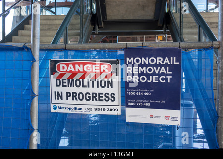 Sydney Australia,Darling Harbour,harbor,monorail removal project,demolition in progress,sign,AU140311098