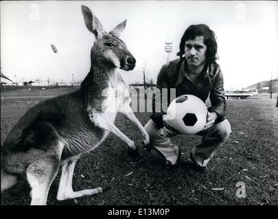 Mar. 02, 2012 - Getting in touch with Australia, or rather with one of it's inhabitants , a kangaroo, is Gerd Muller, the centre forward of the West German national soccer team. Gerd's interest in Australia is not without reasons. The Australian national soccer team will also participate in the World Soccer Championships 1974. The meeting between the Australian and the West German team will take place on June 18th at Hamburg. Keystone West Germany, March 13, 1974 Stock Photo