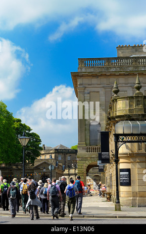 Buxton Derbyshire England UK. A group of hikers walking by the Cavendish Shopping arcade. Stock Photo