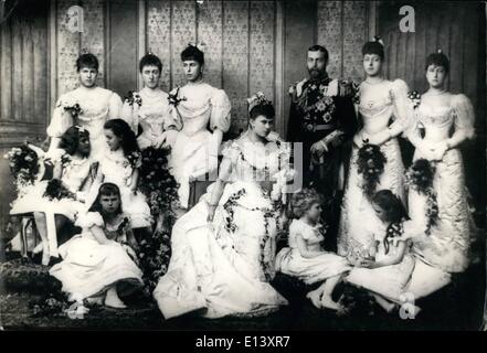 Mar. 27, 2012 - A flashback in the 90's Prince George's Wedding to Mary 1893; Back row left to right Princess Alexandra of Edinburg, Princess Victoria of Schleawig Holstein, Princess Victoria of Edinburg, Prince George (later King George V) Princess Victoria of Wales, and Princess Maud of Wales, (Later, Queen Maud of Norway). Second row , Princess Alice of Battenburg, Princess Margaret of Connaught, Princess may (the bride) of tech, front row Princess Beatrice of Edinburgh, Princess Victoria of Battenburgh, and Princess Victoria Patricia of Coannaught. Stock Photo