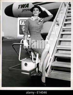 Mar. 31, 2012 - Idlewild Airport, N.Y., Named ''Hit Show Queen of the Year'', by the New York Convention and Visitors Bureau, pretty Brunette Sheila Cooper, 21, flies to Europe via TWA's Jetstream to meet with theatre and travel representatives in London and Paris. Stock Photo