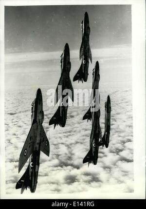 Mar. 31, 2012 - British Official Photograph (Air Ministry) Issued By C.O.I. London. Crown Copyright Reserved. The first six Hunter aerobatic team of the Royal Air Force climbing for a formation loop. The team compromises five Hunter 4's of No. 93 Squadron, 2nd Tactical Air Force, led by commanding officer (Sqd. Leader D.F.M. Browne, A.F.C.), reinforced by a sixth hunter, flown by Flight Lieut. K. Goodwin of No. 118 Squadron. Stock Photo