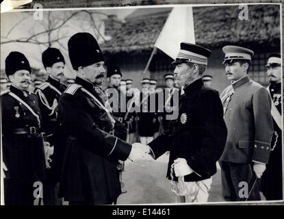 Apr. 04, 2012 - Russian General Snatoli Mikhailovitch Stesel (left) surrenders Port Arthur to Jap General Maresuke Nogi and they shake hands on meeting beneath the White flag. The Russian general is played by a white Russian living in Japan. Stock Photo