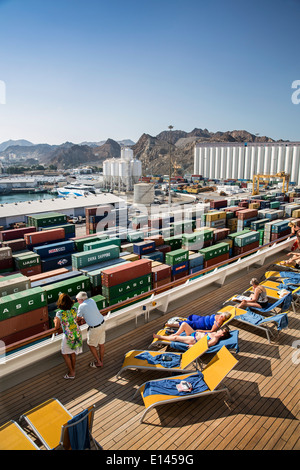 Oman, Muscat, Harbor Mina As Sultan Qaboos. Port of containers. View from Costa Fortuna cruise ship Stock Photo