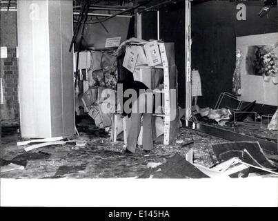 Apr. 04, 2012 - Bomb attempt in Centre of Munich: In the main subway station of Munich, the Stachus, a bomb exploded in one of the luggage lockers in the night of May 14th, 1976. The explosion brought down the ceiling of about 1200 square metres and many windows of nearby shops were smashed. No persons were injured. The police assume, that the bomb attempt is connected with the death of leader Ulrike Meinhof of the ''baader/Meinhof Group'', who had committed suicide in prison on May 9th. Photo shows a police officer searching the contents of the wrecked luggage lockers. Stock Photo