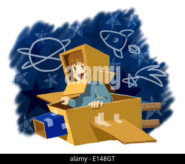 Illustration of boy flying cardboard plane over white background Stock Photo