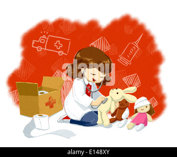 Illustration of little girl in labcoat examining teddy bear representing aspiration Stock Photo