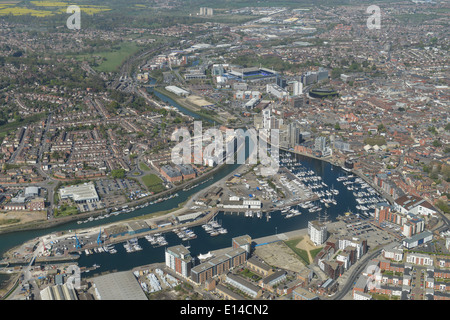 An aerial view looking west across Ipswich showing the River Orwell and town centre. Stock Photo