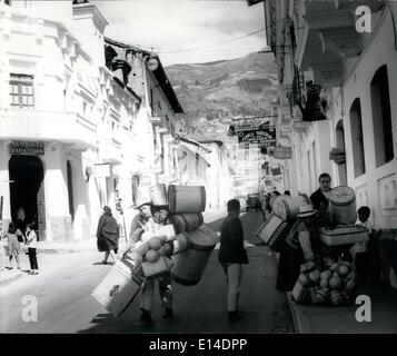 Apr. 18, 2012 - Ecuador - Quito: In the central streets of Quito, sometimes we can observe there are many sellers of toquillas baskets in differents sizes and forms, the visitors are attractived by these baskets. Stock Photo