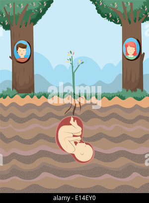 Illustrative image of couple's photograph stuck on tree with baby plant growing in soil representing reproduction process Stock Photo
