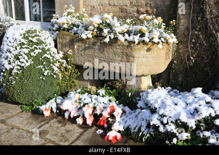 Snow Covered stone container in the cotswold village of Lower Slaughter on a spring day after a fall of snow, Stock Photo