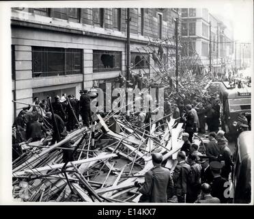 Apr. 05, 2012 - Two killed in Scaffold collapse.: Two men were killed and two others injured yesterday in Glasgow, Scotland, when an 80-foot stretch of 60-foot high scaffolding collapsed. The four men, all painters, were working on the scaffolding outside Lewis's store in Argyle-street, Glasgow. Fortunately the pavement was deserted at the tie. Photo shows the huge mass of twisted steel after the scaffolding collapse in Glasgow. Stock Photo