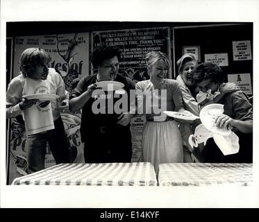 Apr. 05, 2012 - New York City - May 20th, 1981 - Shubert Alley - Cast and friends celebrate the Broadway show ''Gemini's'' fifth anniversary with food song, and a spaghetti eating contest. Left to right are: Scott Codar (Gemini), Wayne Knight (Gemini), Lucinda Jenney (Gemini), and Jhonathan Hadaray (formerly with cast of ''Gemini' Stock Photo