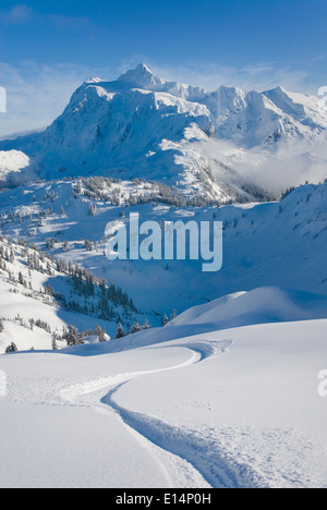 Snowy Mount Shuksan overlooking village, Washington, United States Stock Photo