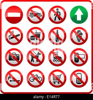 Prohibited set symbols. Forbidden sign collection. Sticker for supermarkets and shopping center Stock Vector