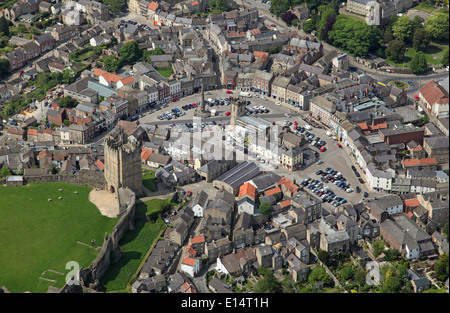 aerial view of the North Yorkshire market town of Richmond with its sloping cobbled market square and famous Castle Stock Photo