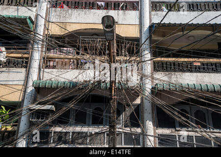 Tangled cables, power lines, Yangon or Rangoon, Yangon Region, Myanmar Stock Photo