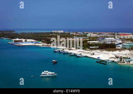 Aerial view, artificial island expansion, land reclamation, Hulhulé, North Malé Atoll, Indian Ocean, Maldives Stock Photo